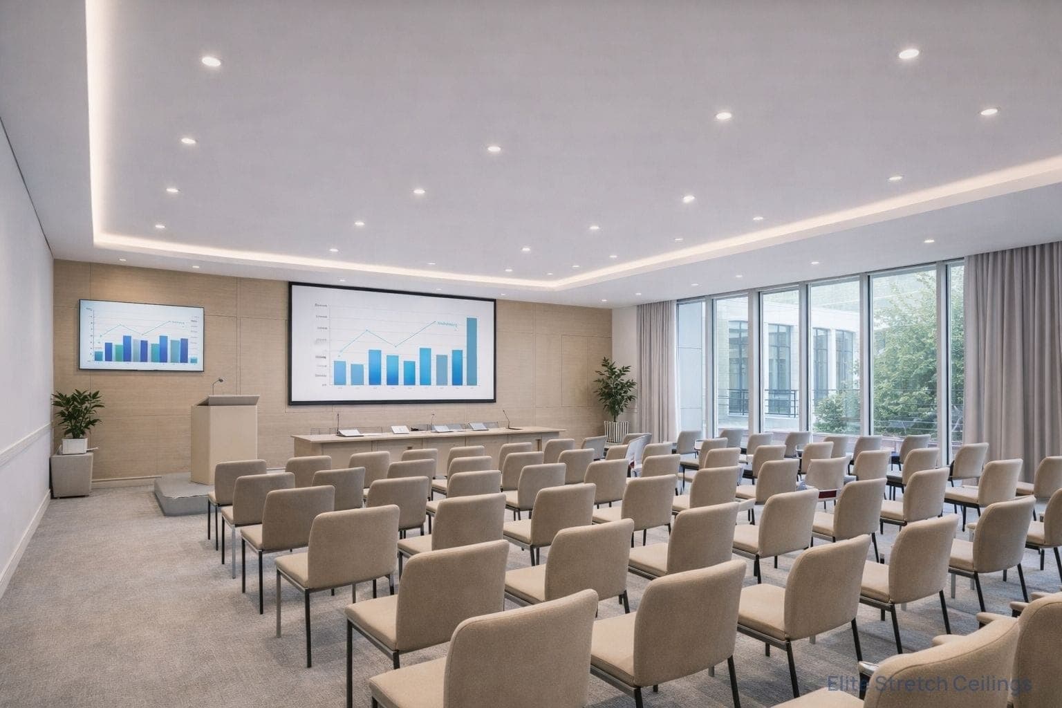 Office matte stretch ceiling installation for a training room