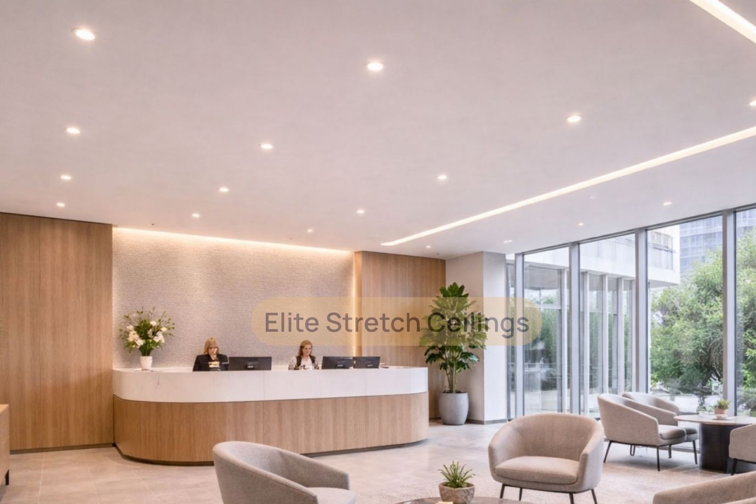 Office matte stretch ceiling installation in a reception area.
