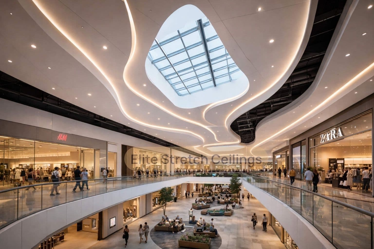 Commercial matte stretch ceiling installation in a supermarket.