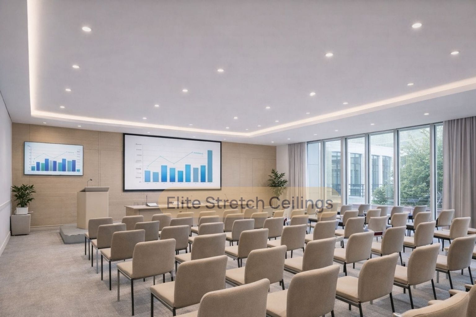 Office matte stretch ceiling installation in a training room.