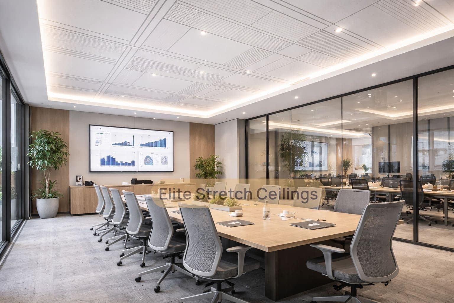 Office printed stretch ceiling installation for a conference room.
