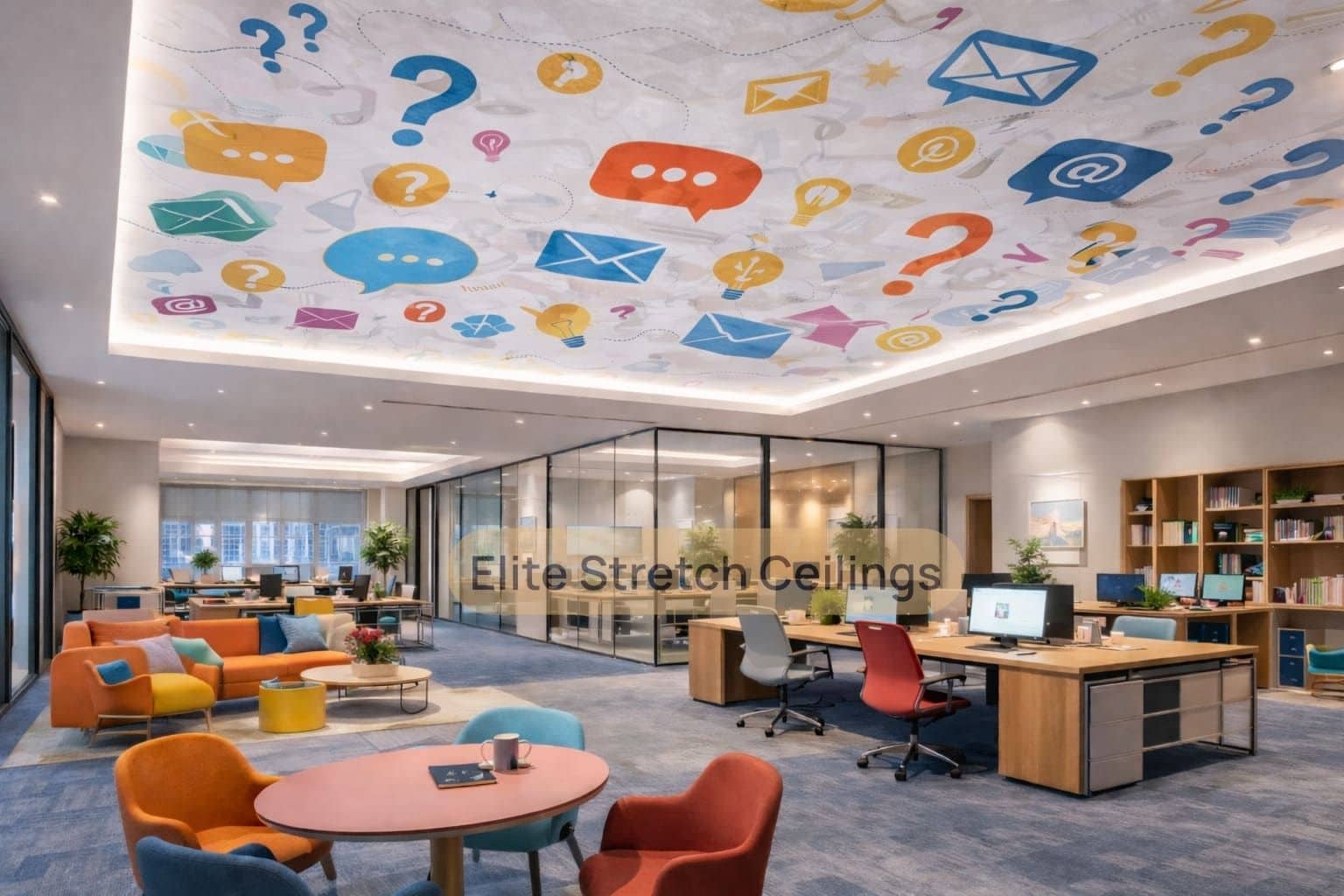 Office printed stretch ceiling installation for a creative agency.