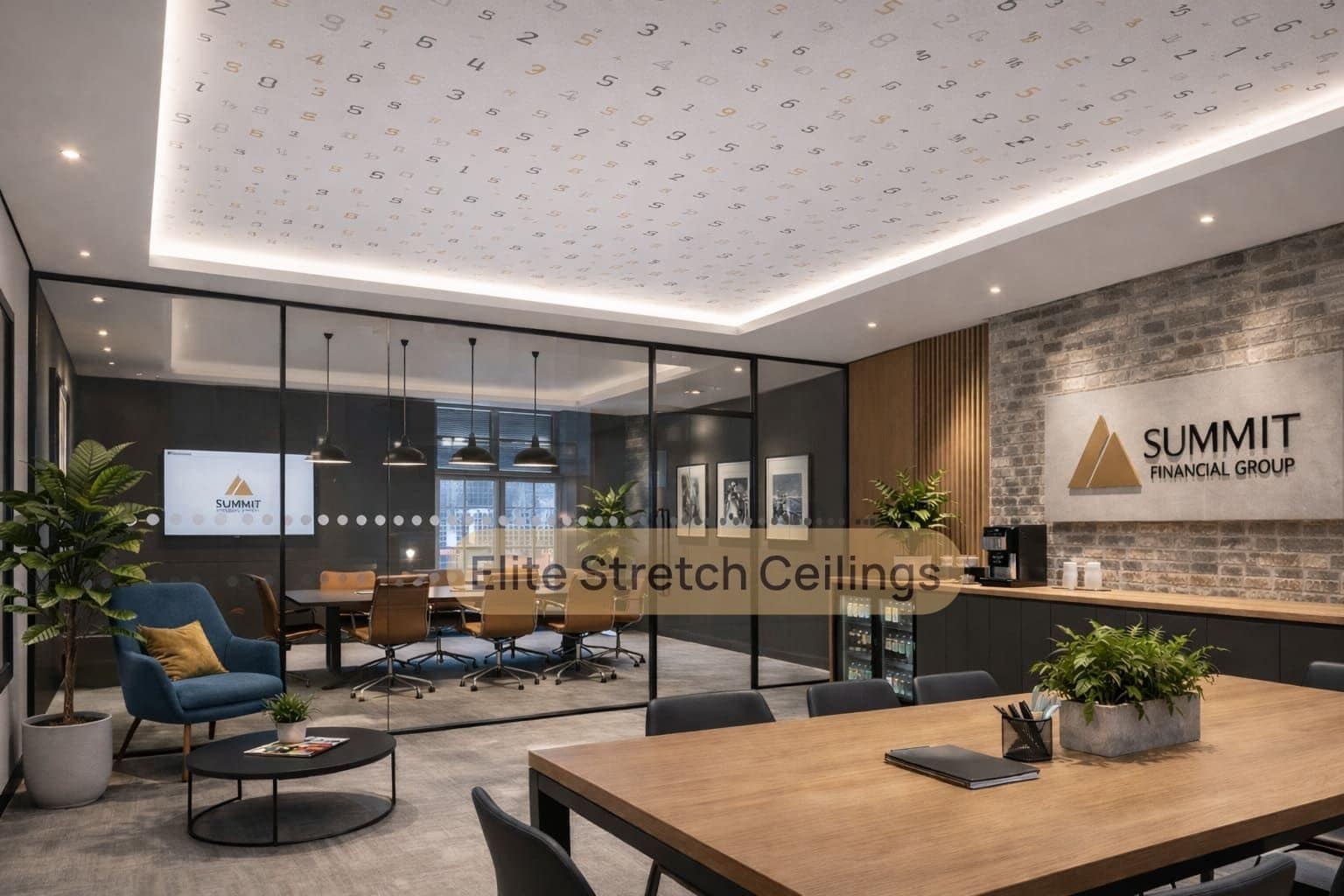 Office printed stretch ceiling installation for a finance agency.