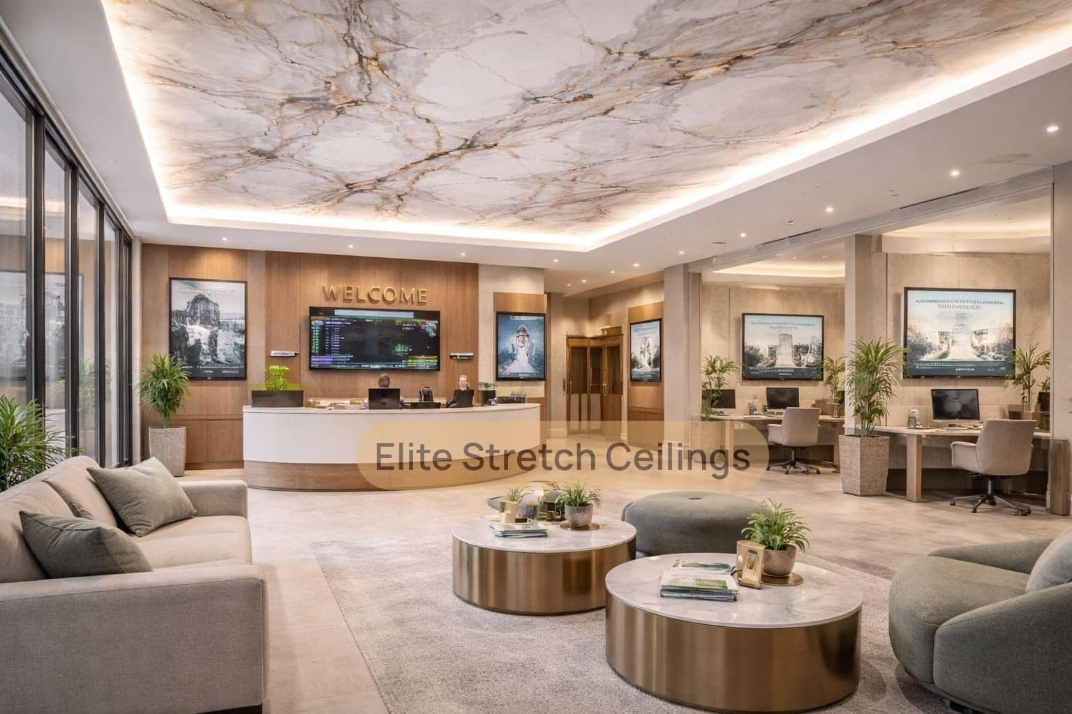 Office printed stretch ceiling installation for a reception area.