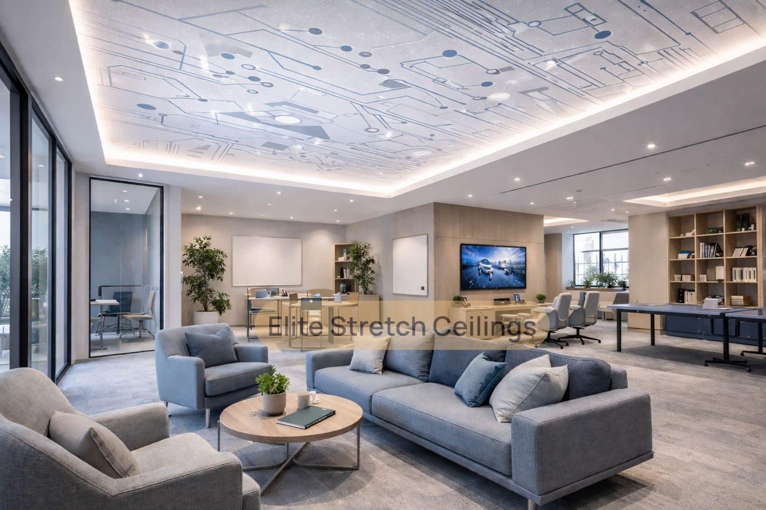 Office printed stretch ceiling installation for a tech company breakout room.