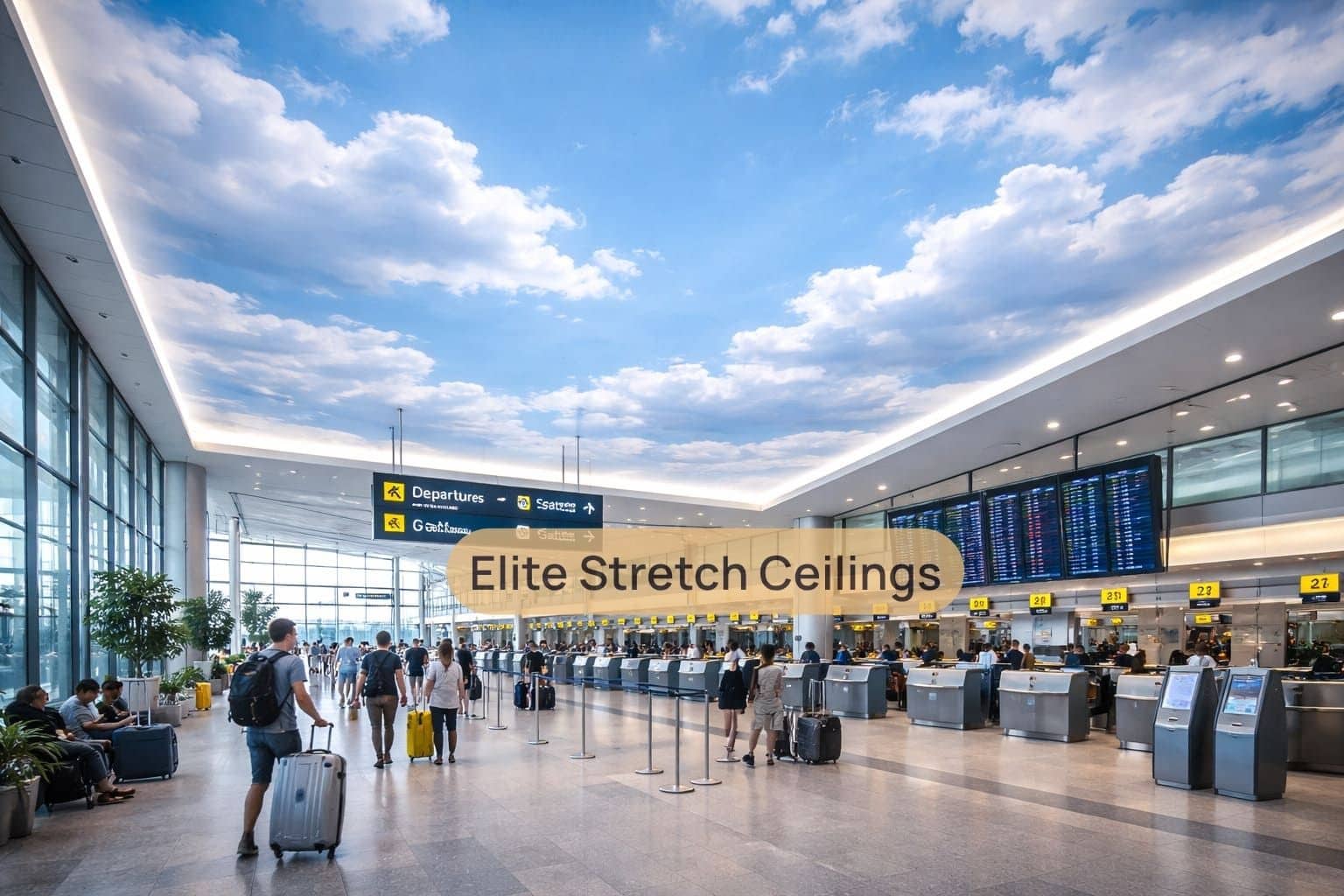 Commercial printed stretch ceiling installation for an airport.
