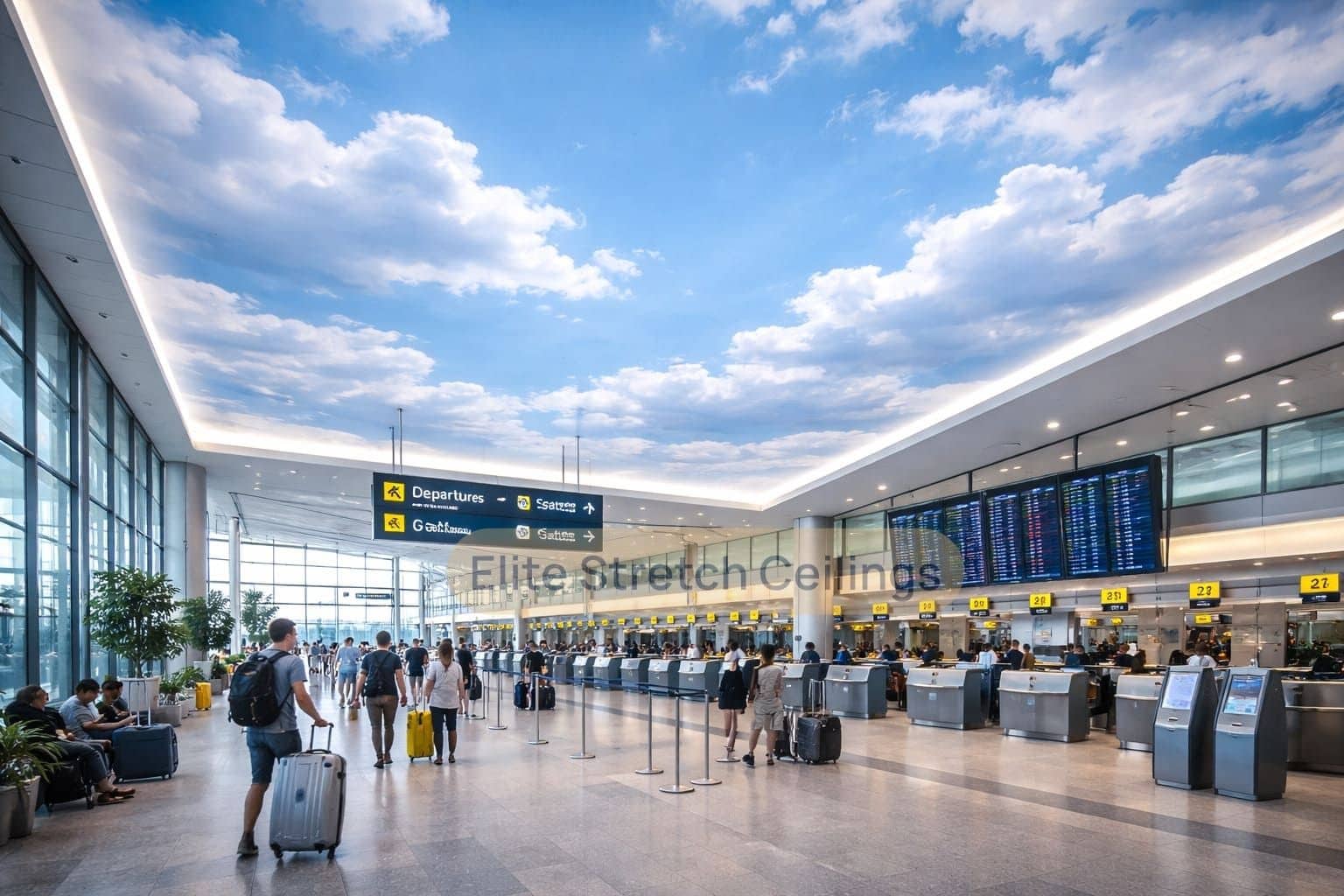 Printed stretch ceiling design idea for an airport interior in the UK.