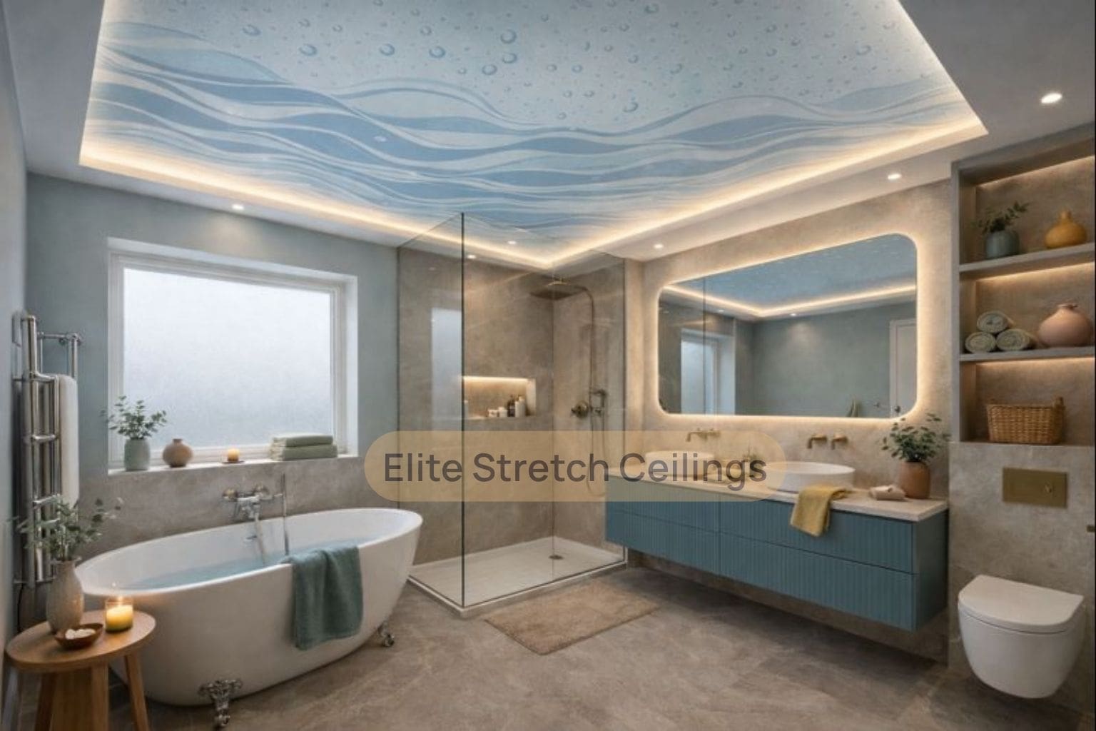 Printed stretch ceiling design idea for a luxury residential bathroom in the UK.