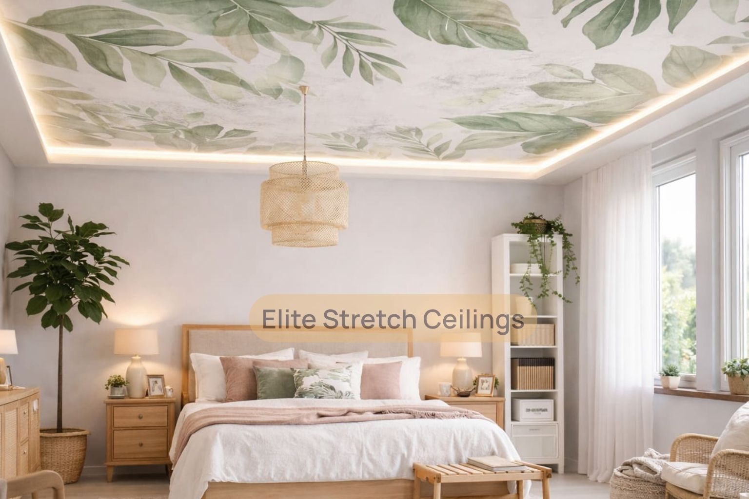 Residential printed stretch ceiling installation for a bedroom.