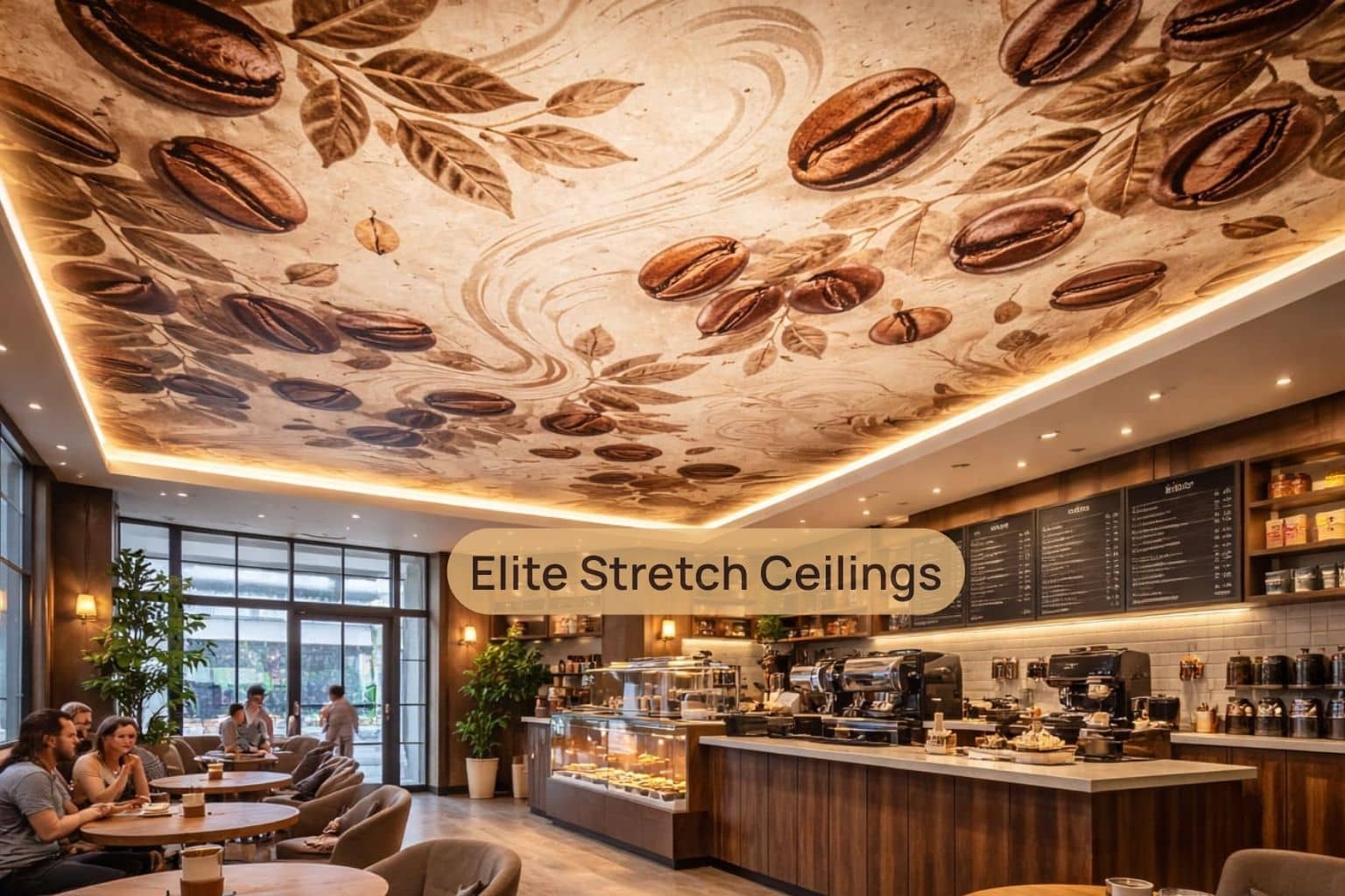 Commercial printed stretch ceiling installation for a coffee shop.