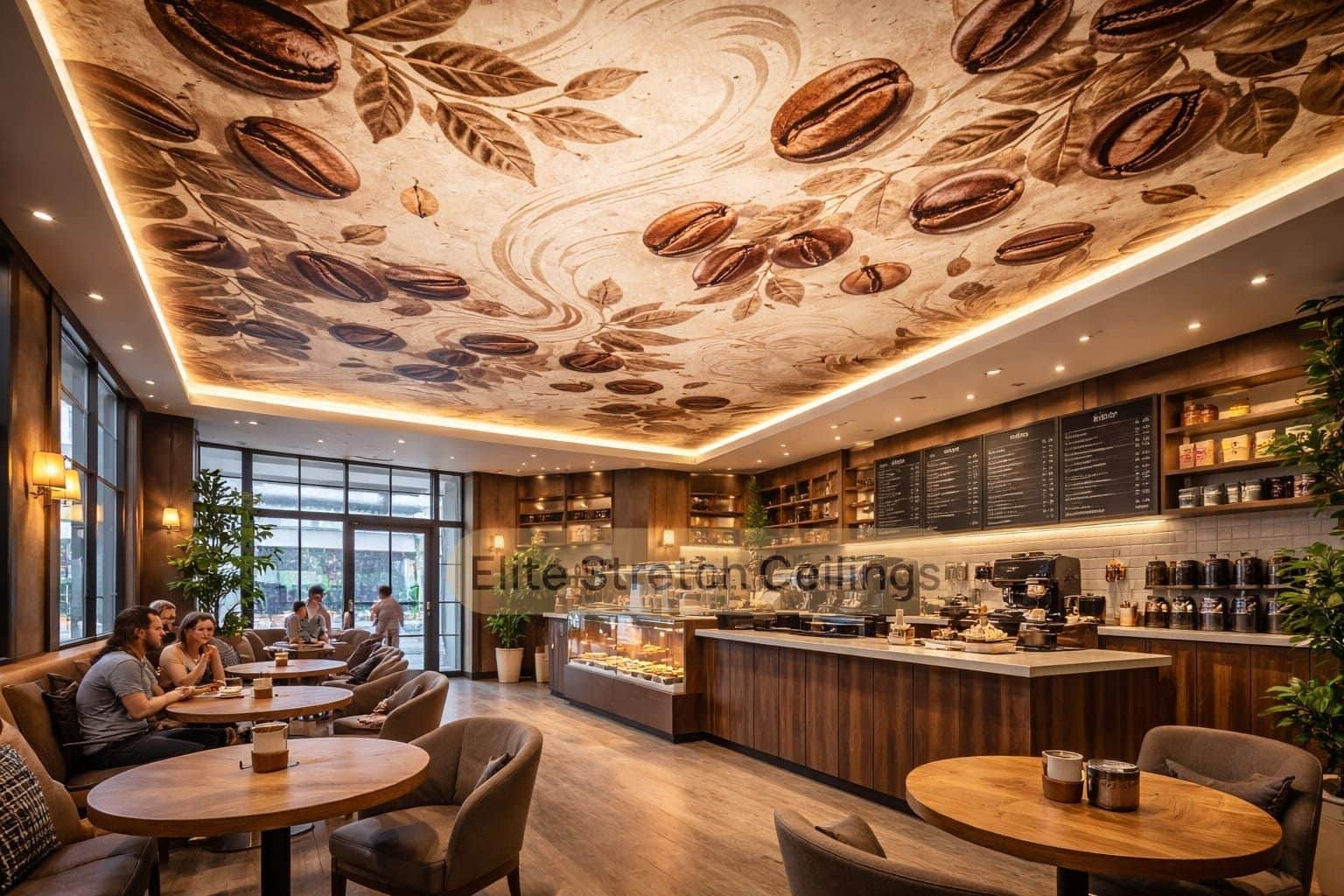 Printed stretch ceiling design idea for a coffee shop in the UK.