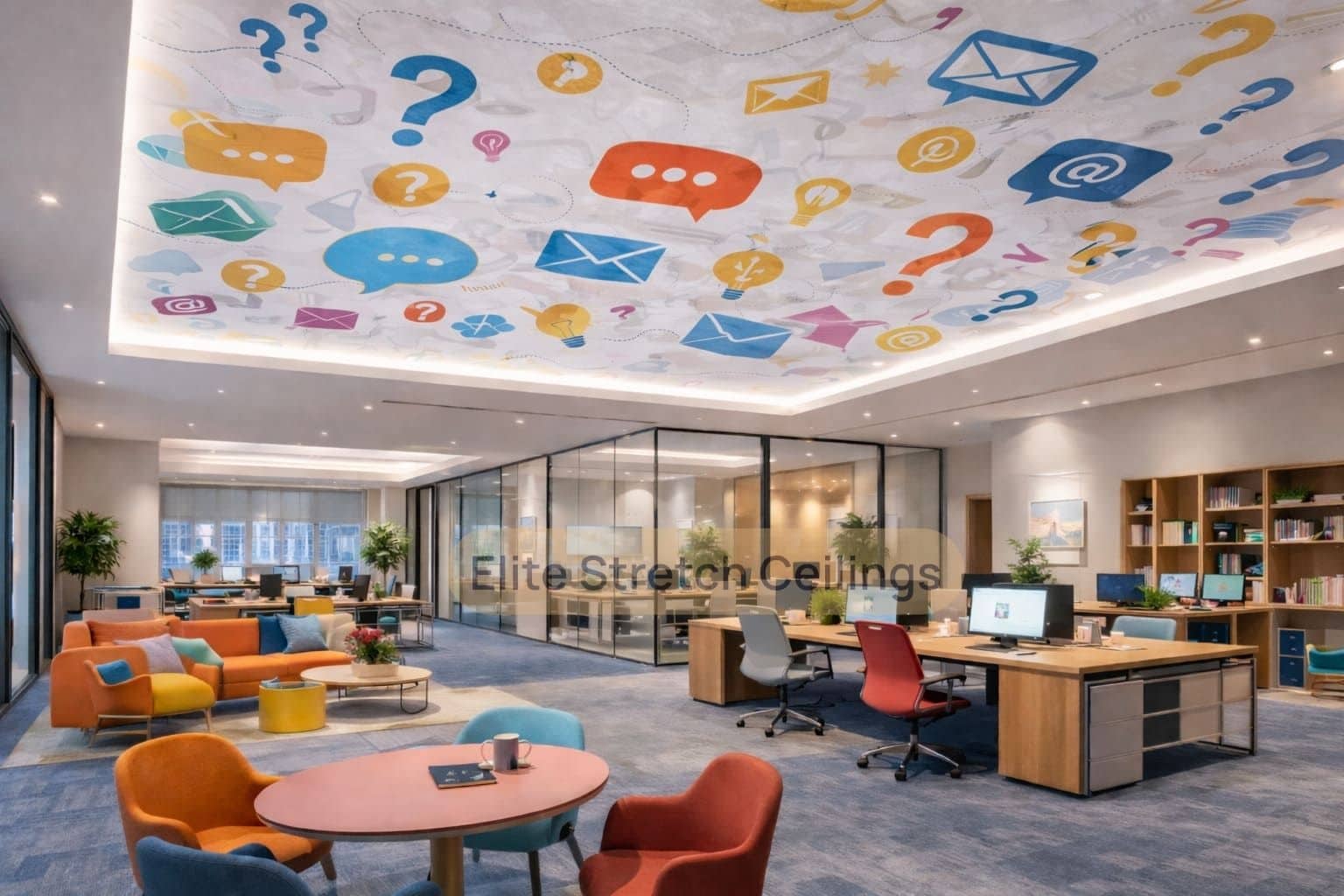 Printed stretch ceiling design idea for a creative agency office in the UK.