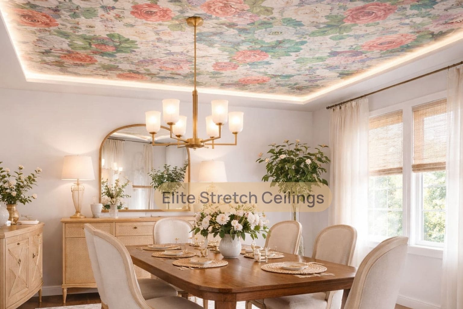 Residential printed stretch ceiling installation for a dining room.