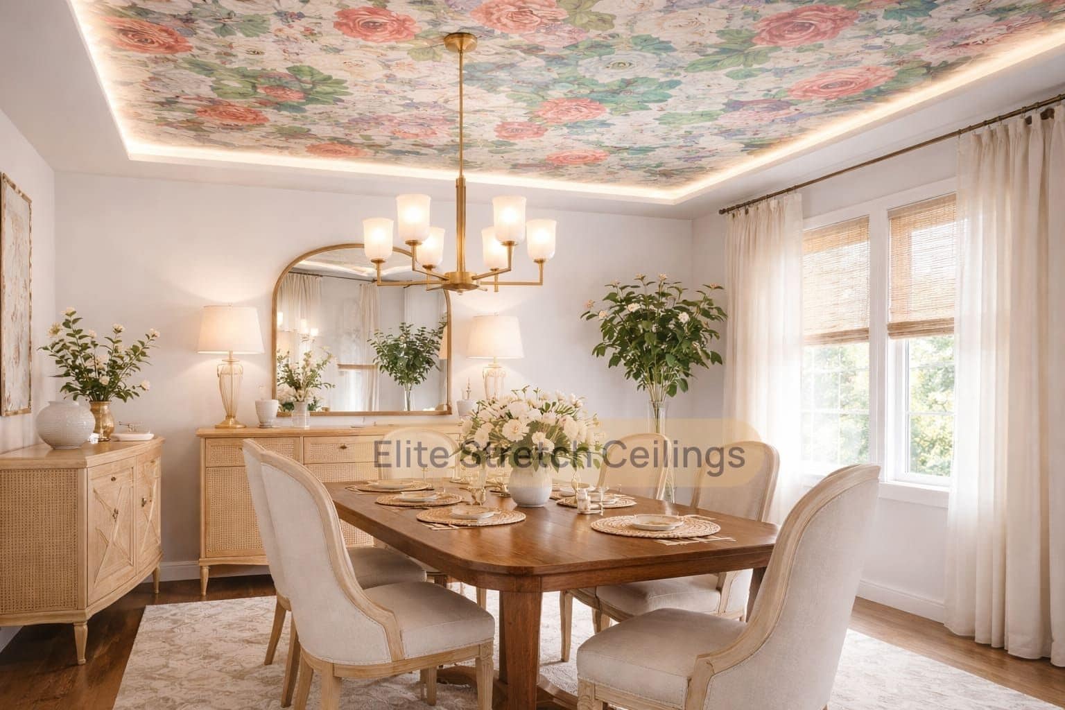 Printed stretch ceiling design idea for a residential dining room in the UK.