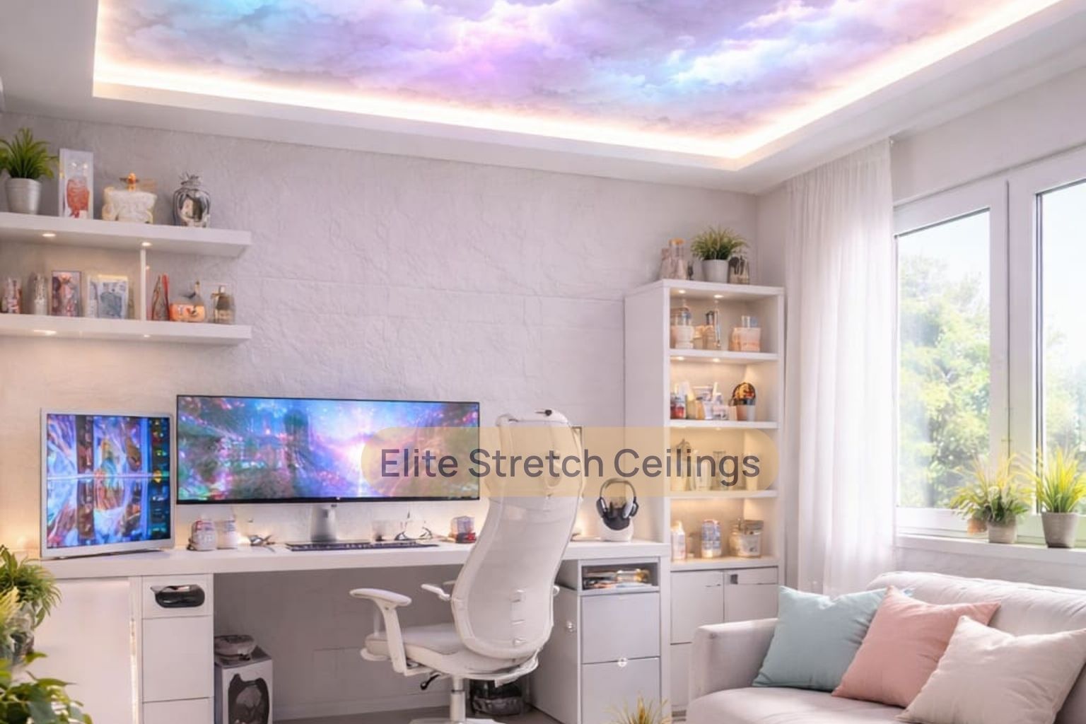Residential printed stretch ceiling installation for a gaming room.