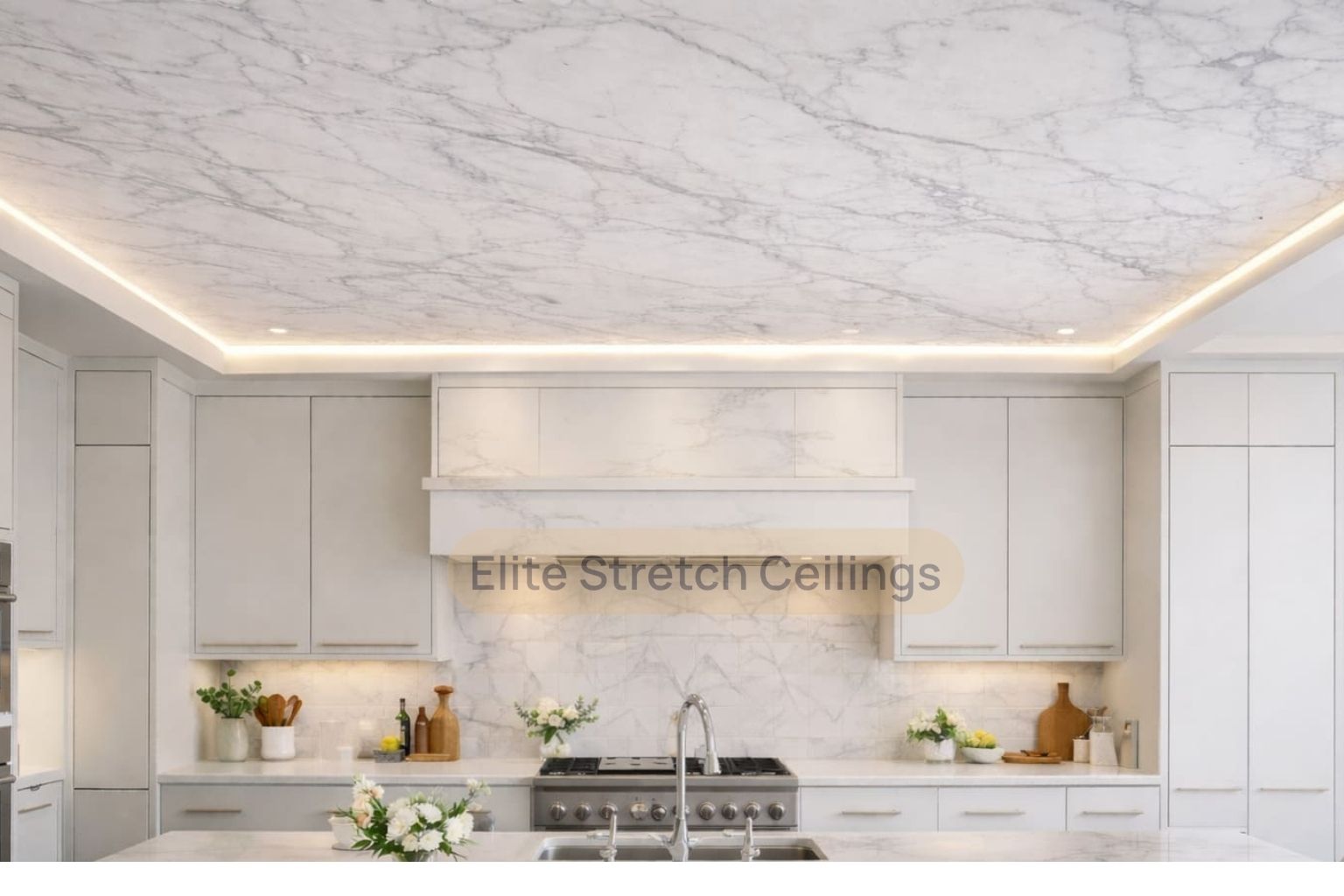 Residential printed stretch ceiling installation for a kitchen.