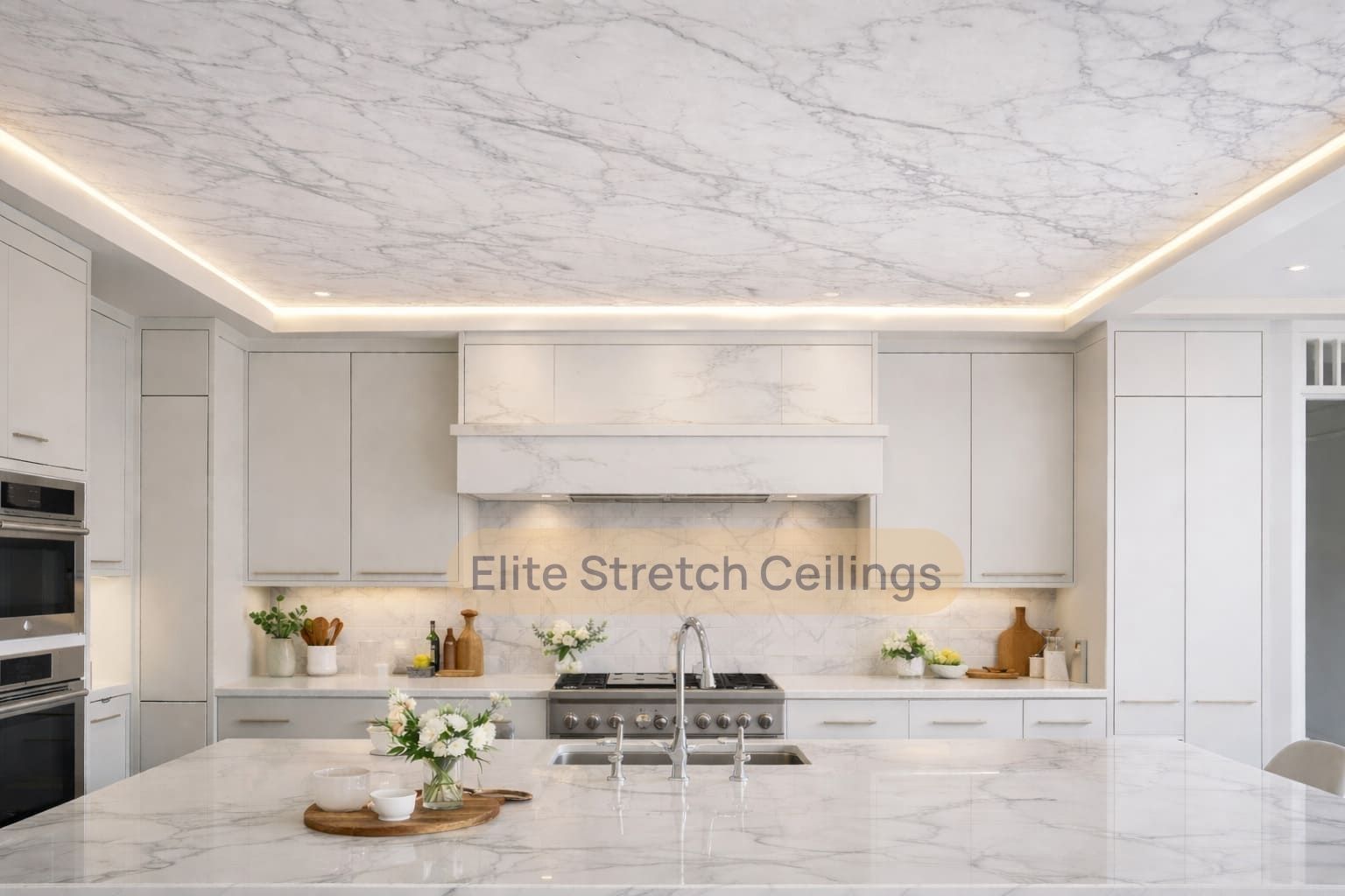 Printed stretch ceiling design idea for a modern residential kitchen in the UK.