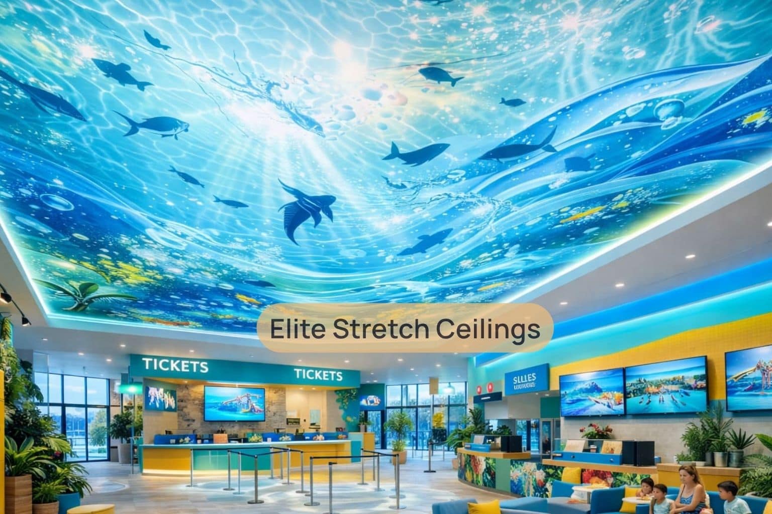 Commercial printed stretch ceiling installation for a water park.