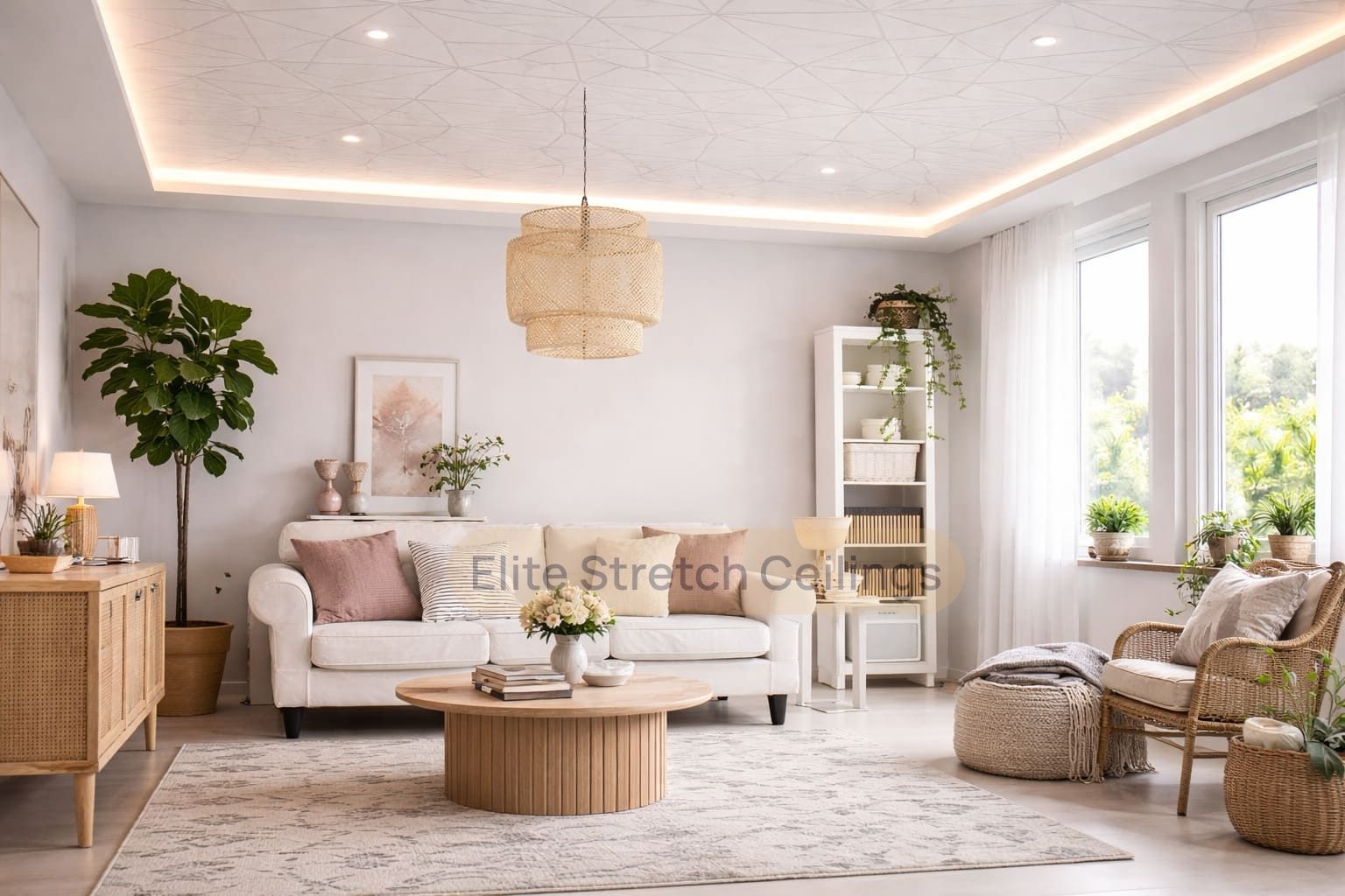 Residential printed stretch ceiling installation for a living room.