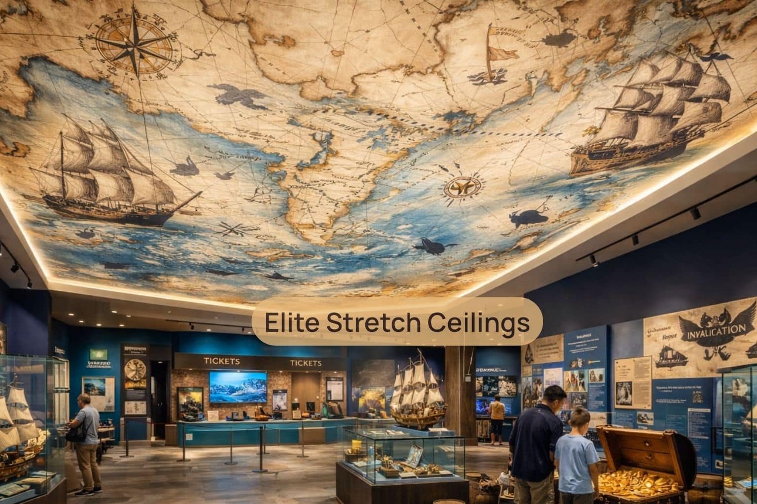 Commercial printed stretch ceiling installation for a museum.