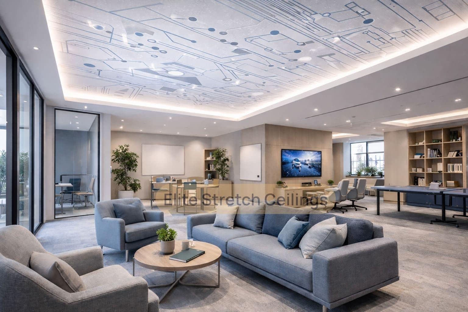 Printed stretch ceiling design idea for a tech office breakout room in the UK.