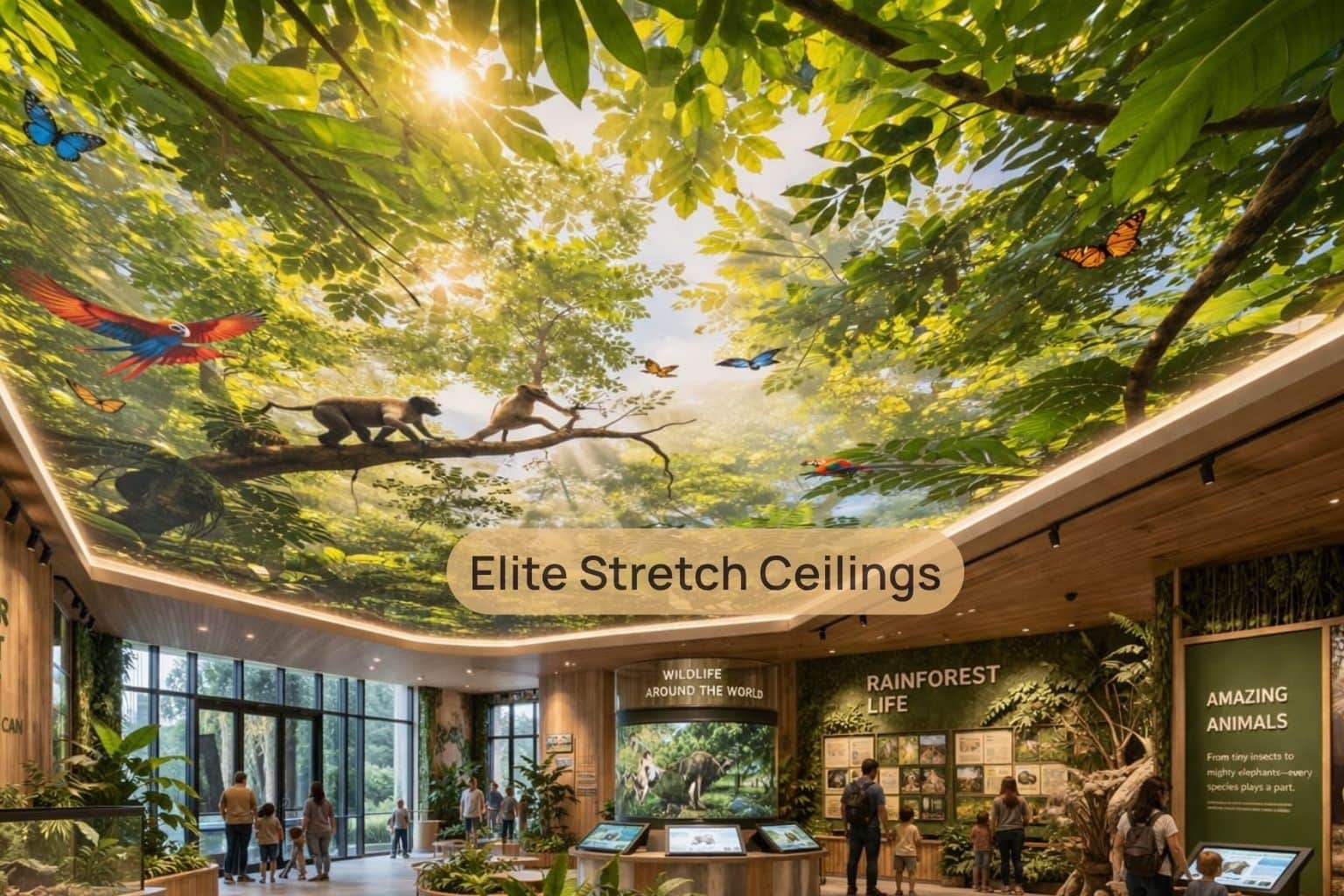 Commercial printed stretch ceiling installation for a zoo.