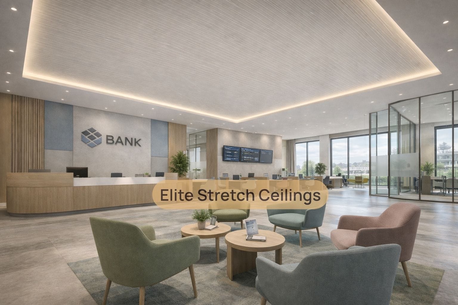 Office satin stretch ceiling installation for a banking office interior.