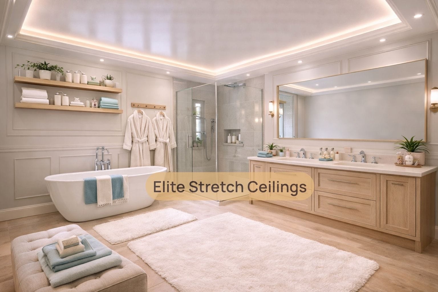 Residential satin stretch ceiling installation for a bathroom.