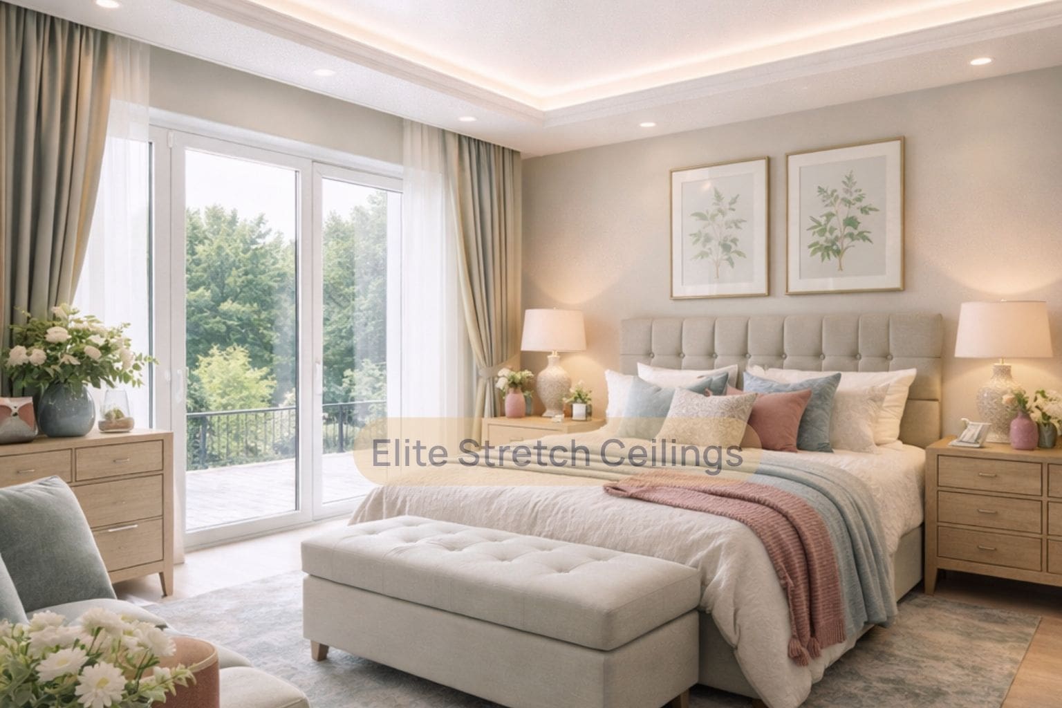 Residential satin stretch ceiling installation for a bedroom.