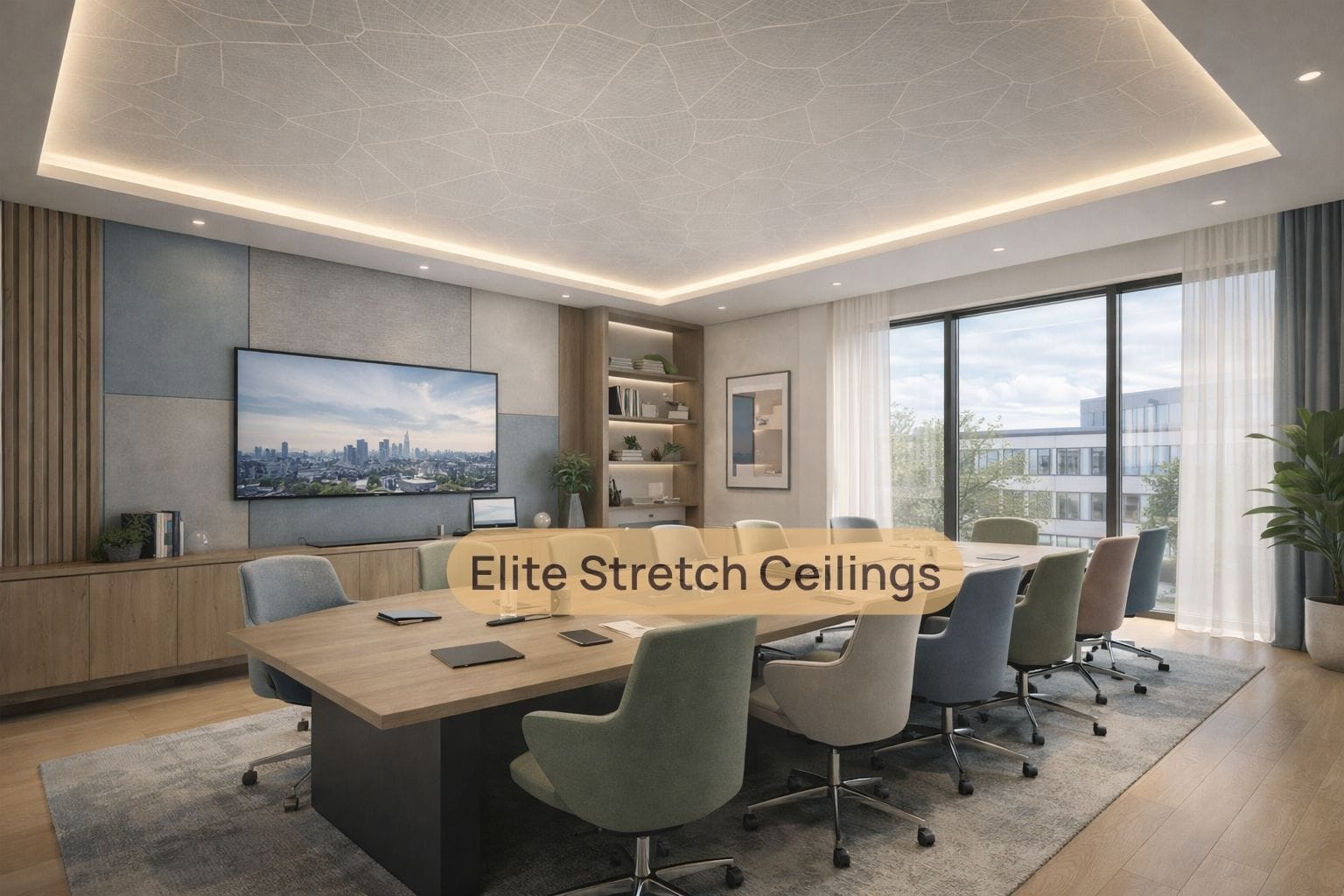 Office satin stretch ceiling installation for a conference room.