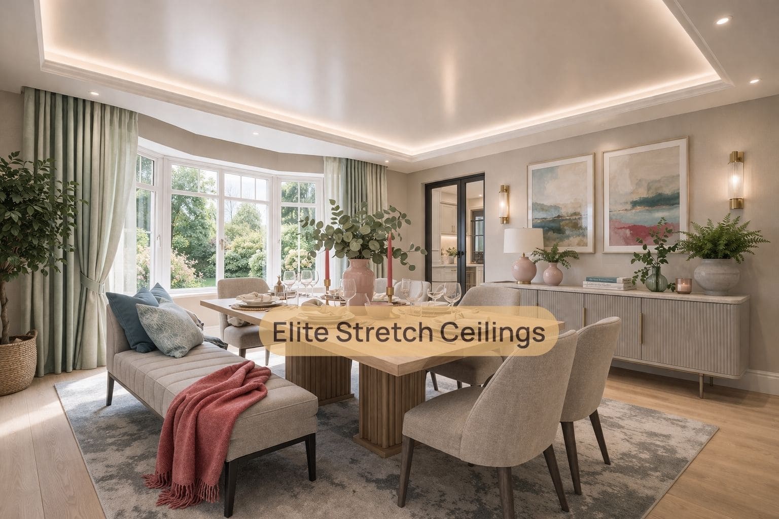 Residential satin stretch ceiling installation for a dining room.