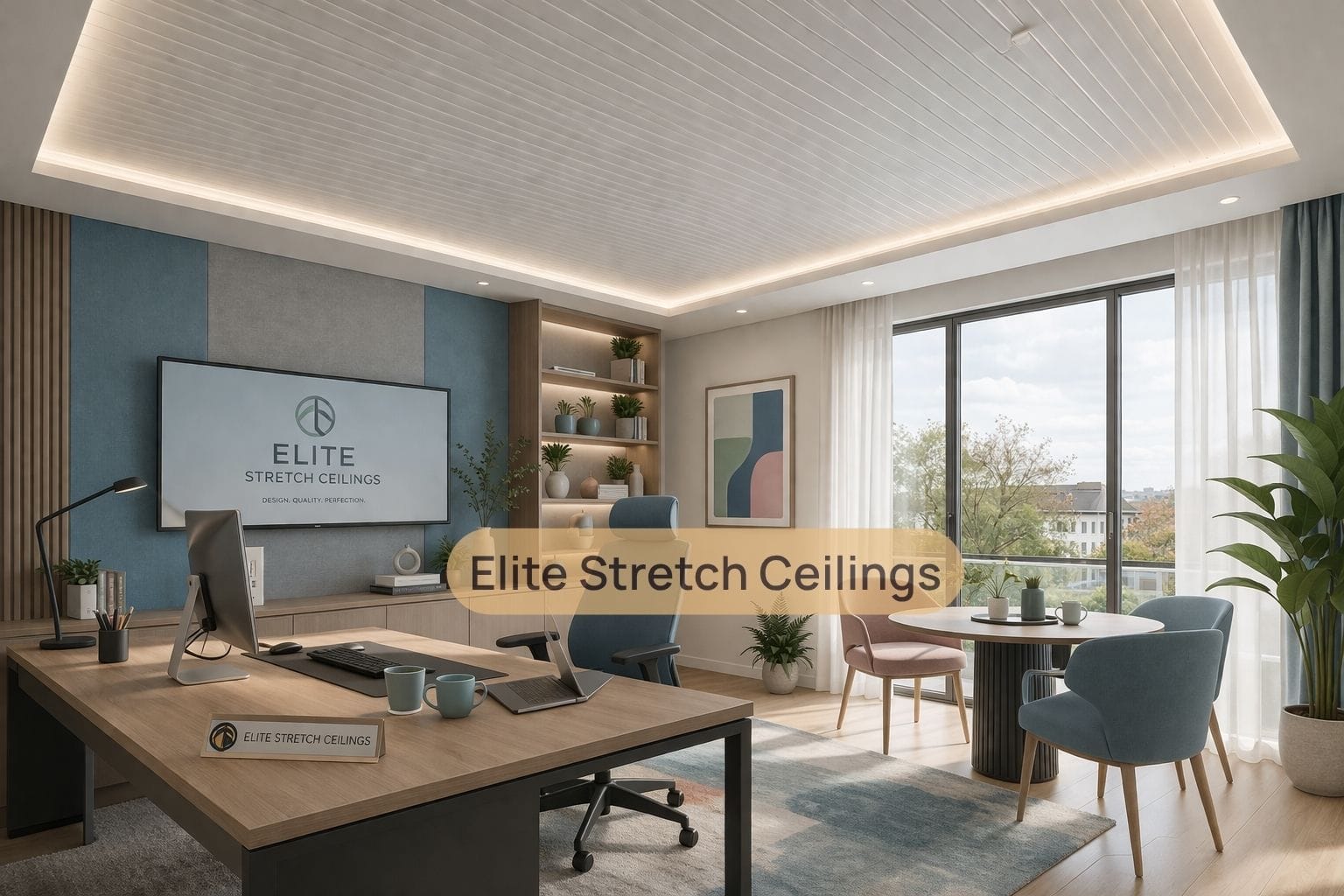 Office satin stretch ceiling installation for a remote home office.