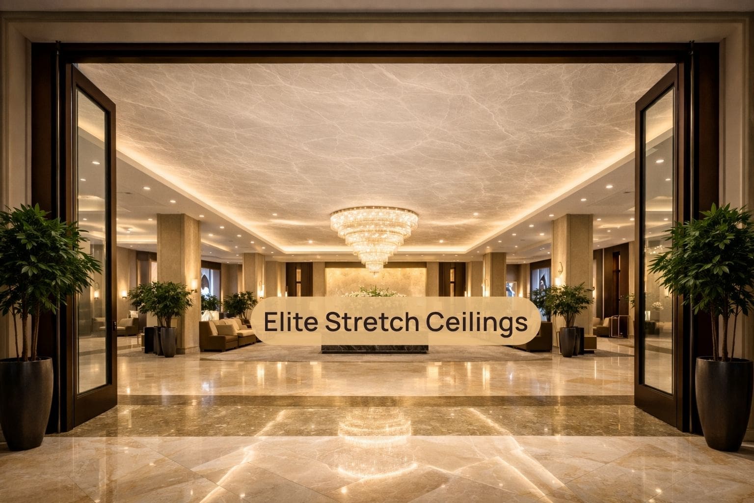 Commercial satin stretch ceiling installation for a hotel lounge.