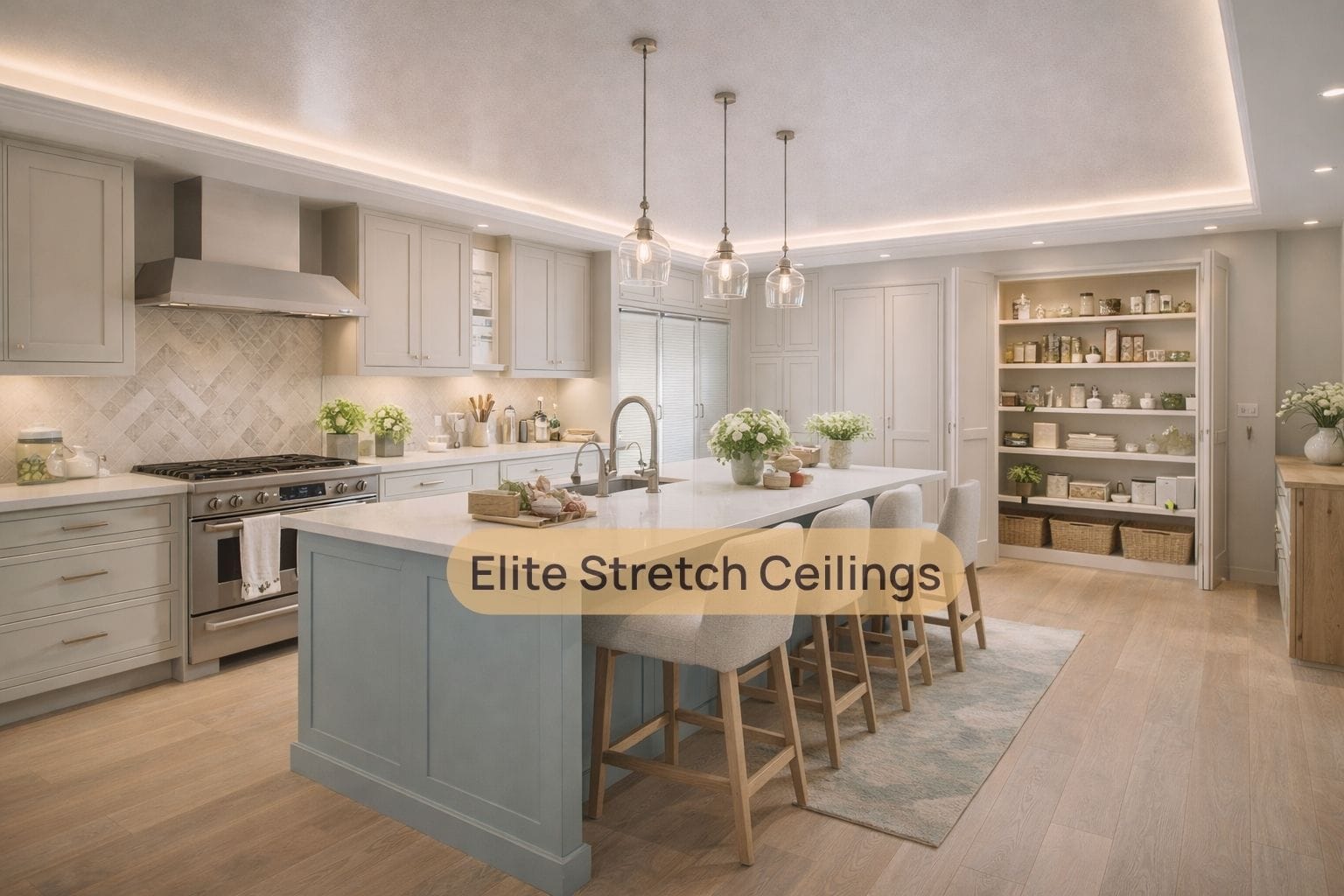 Residential satin stretch ceiling installation for a kitchen.