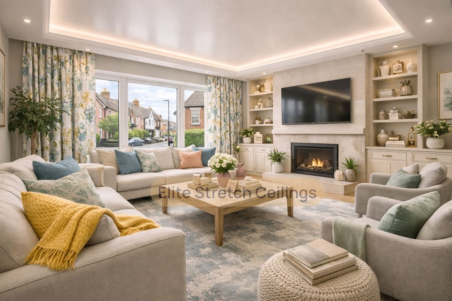 Residential satin stretch ceiling installation for a living room.