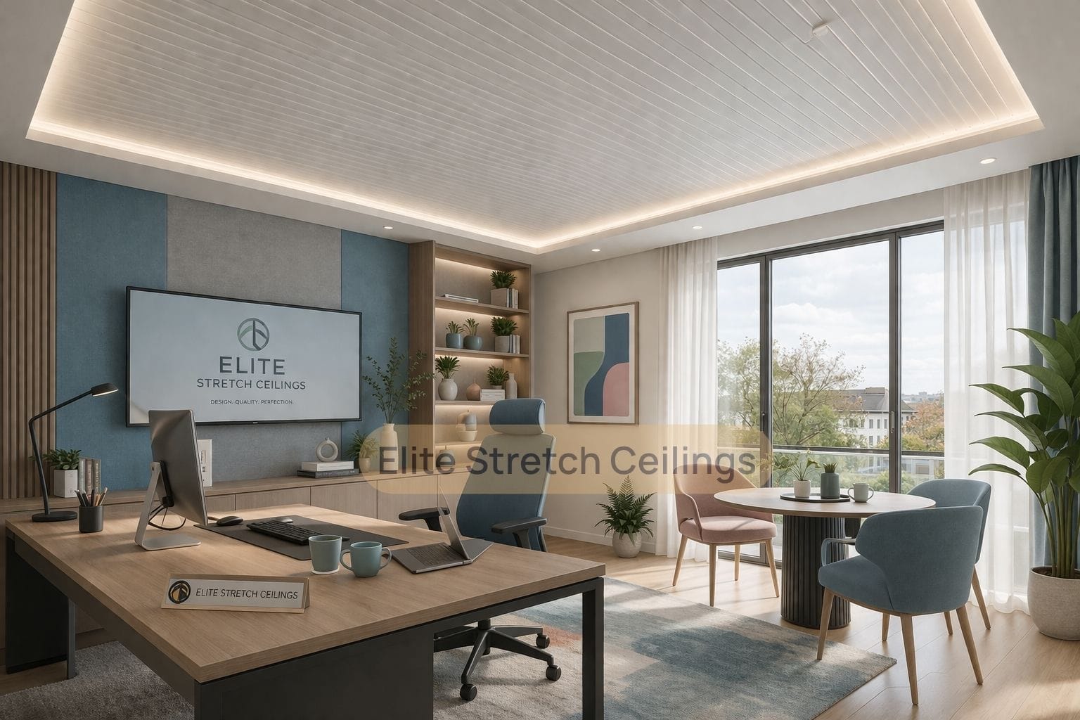 Office satin stretch ceiling installation for a remote home office.