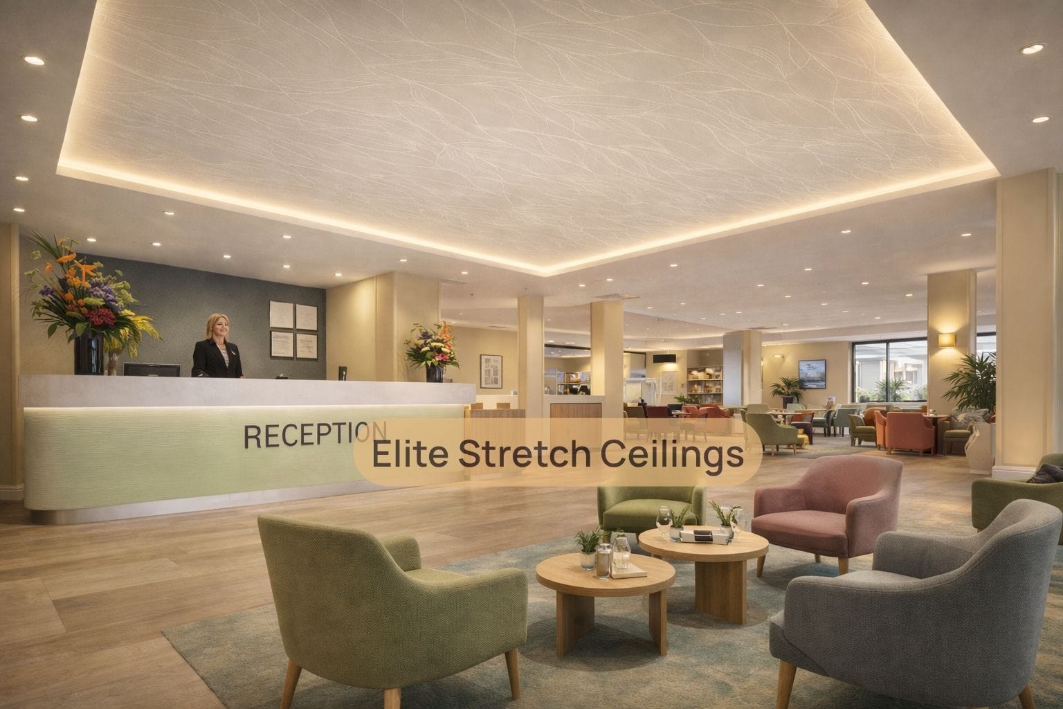 Office satin stretch ceiling installation for a reception area.