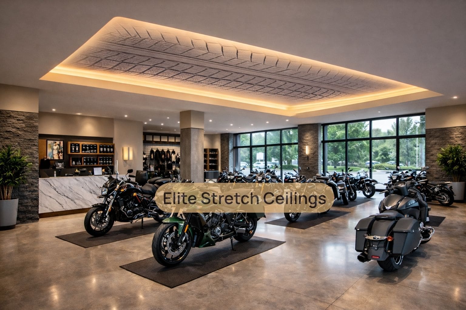 Commercial satin stretch ceiling installation for a motorcycle showroom.