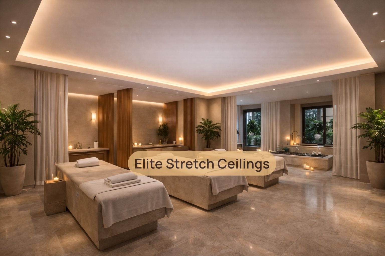 Commercial satin stretch ceiling installation for a spa interior.