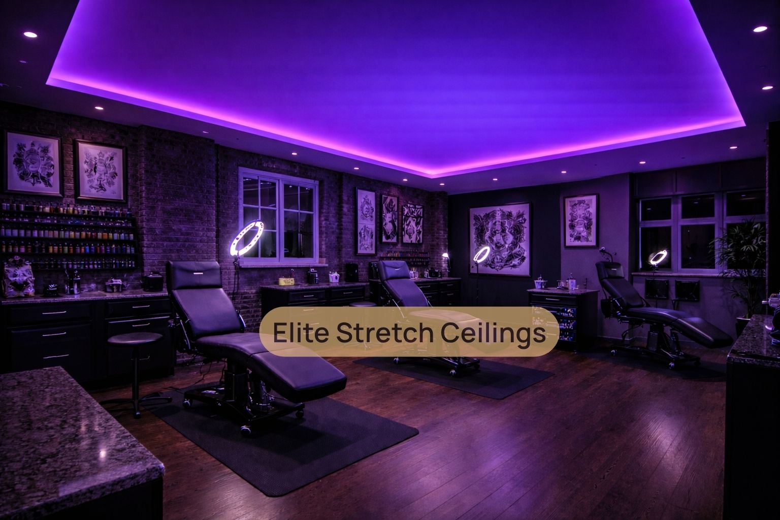 Commercial satin stretch ceiling installation for a tattoo studio.