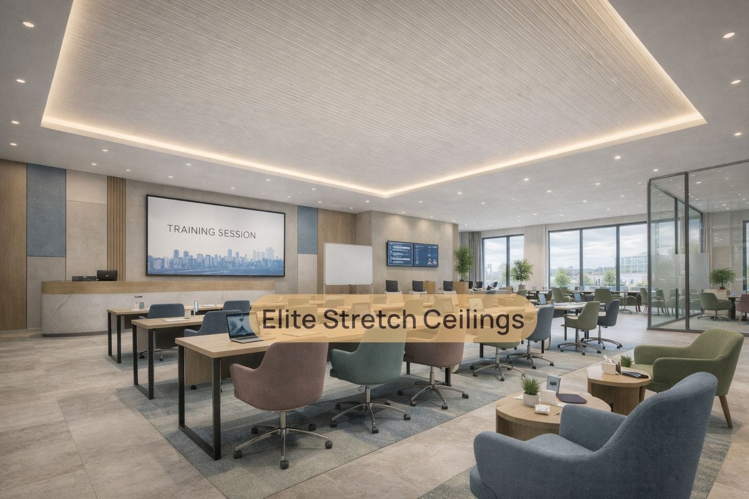 Office satin stretch ceiling installation for a training room.