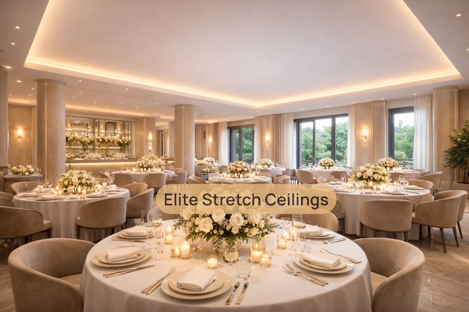 Commercial satin stretch ceiling installation for a wedding venue.