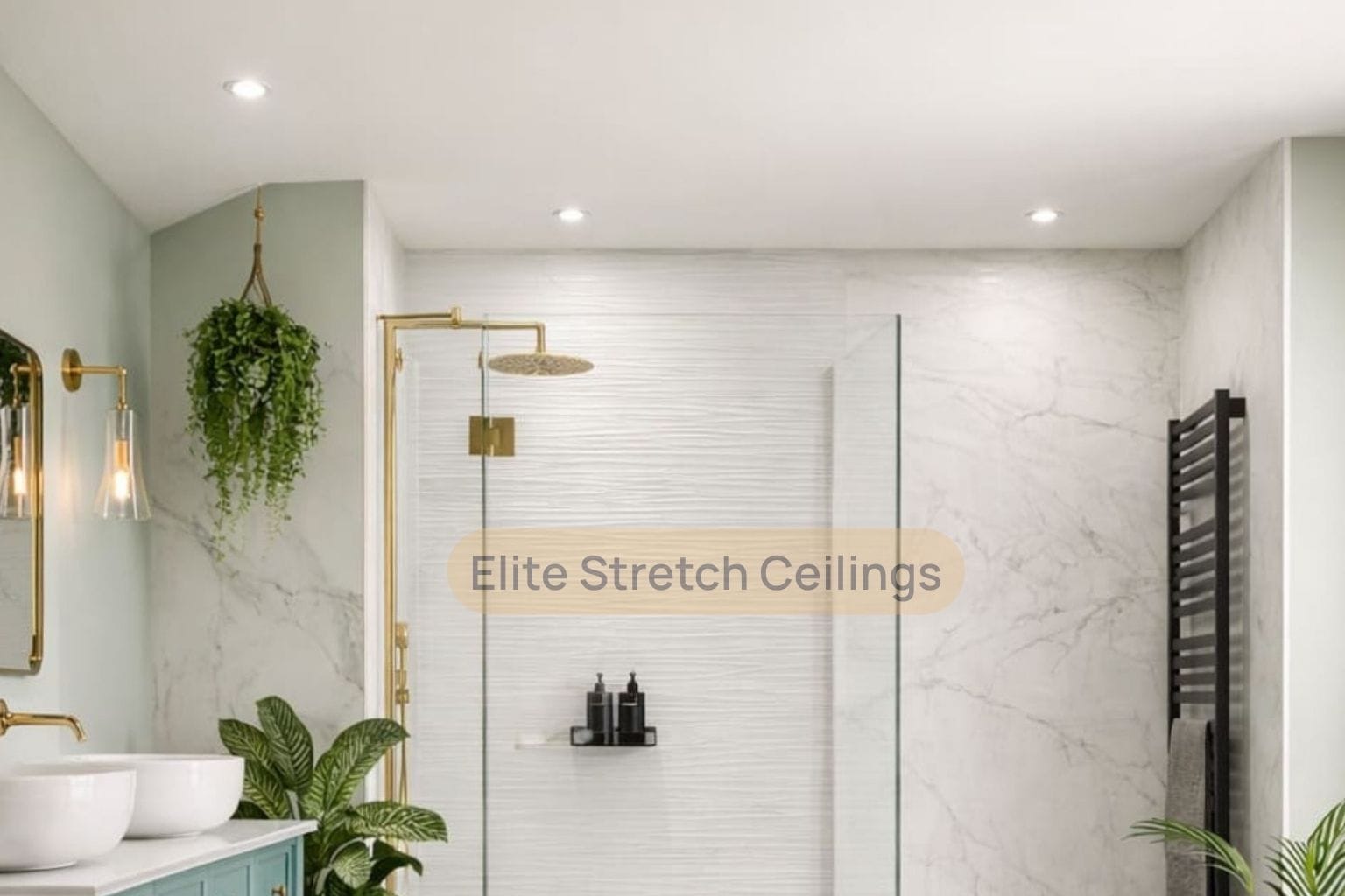 Residential seamless stretch ceiling installation for a bathroom.