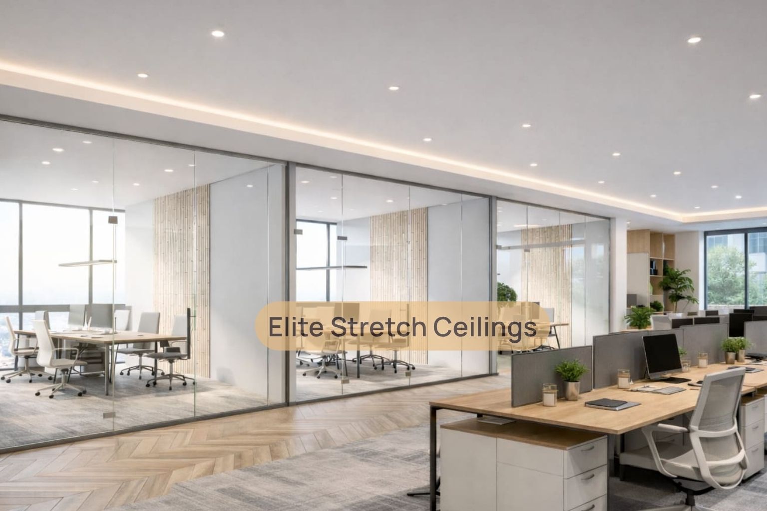 Office seamless stretch ceiling installation for a banking office interior.