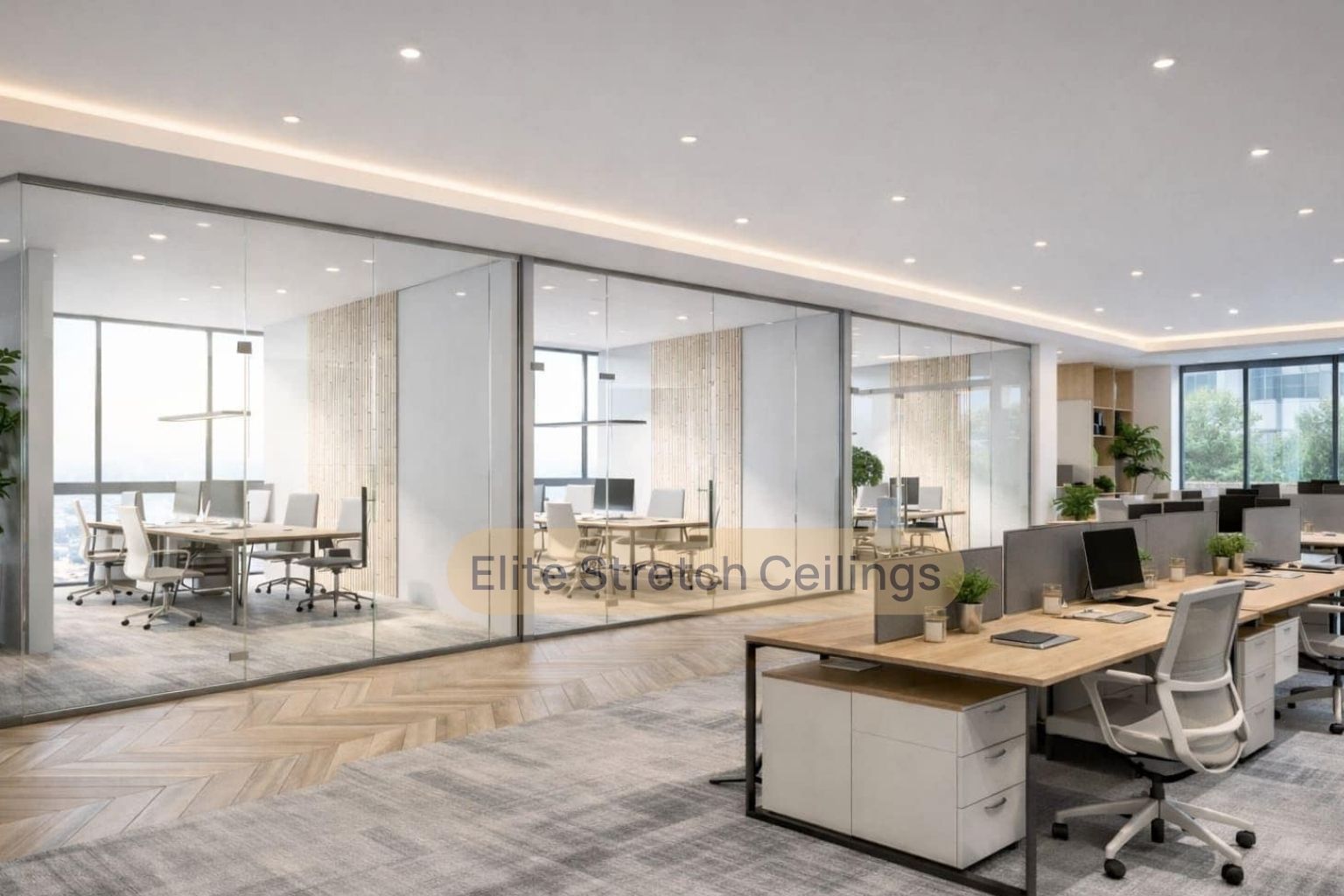 Office seamless stretch ceiling installation for a banking office interior.