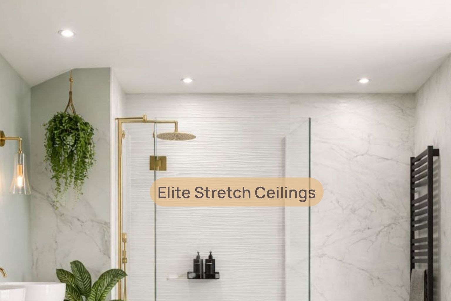 Residential seamless stretch ceiling installation for a bathroom.