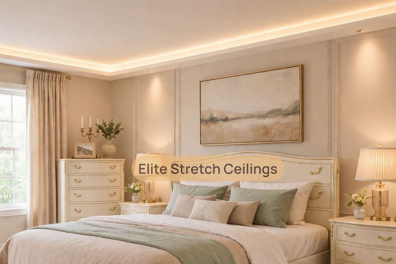Residential seamless stretch ceiling installation for a bedroom.
