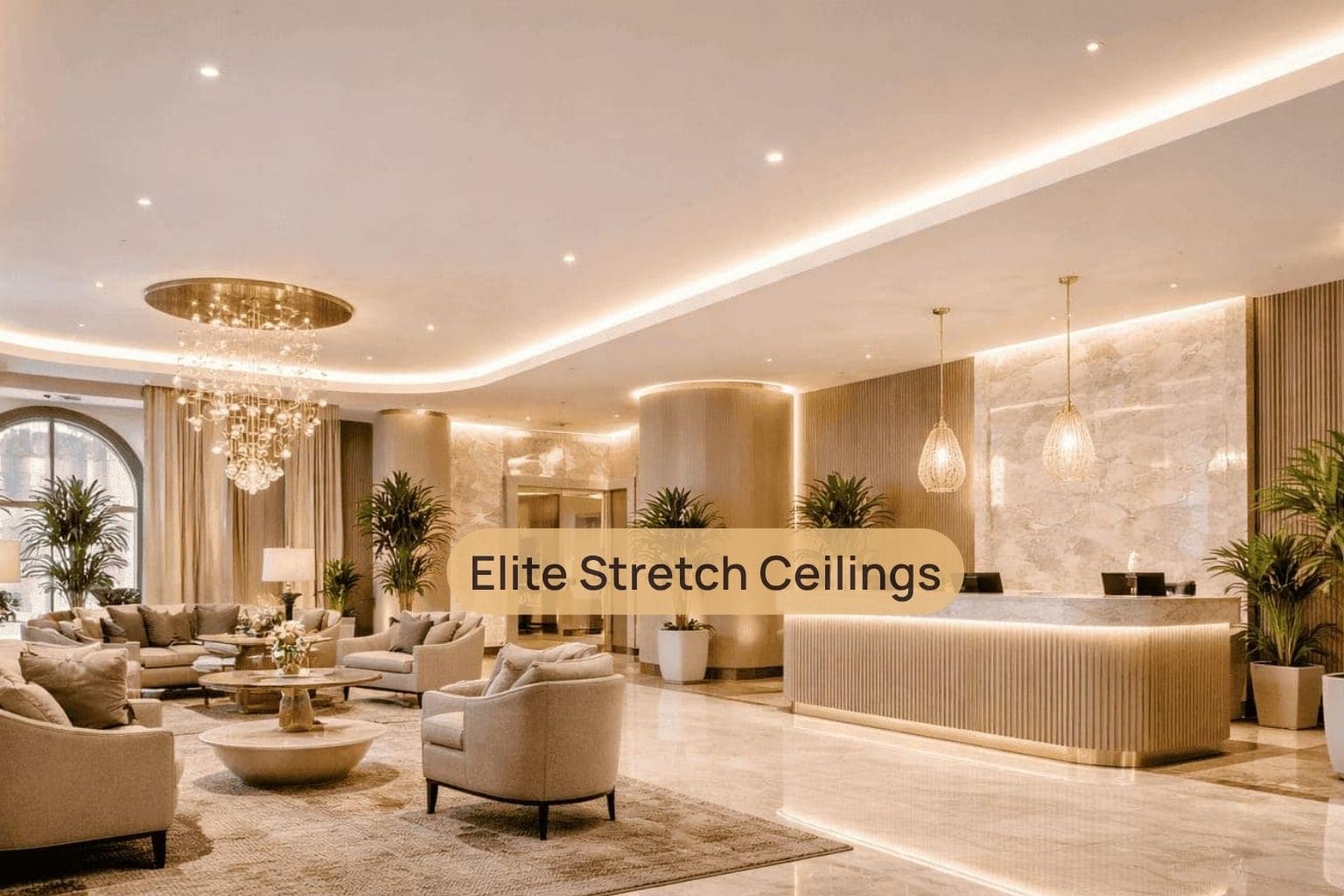 Commercial seamless stretch ceiling installation for a hotel lobby.