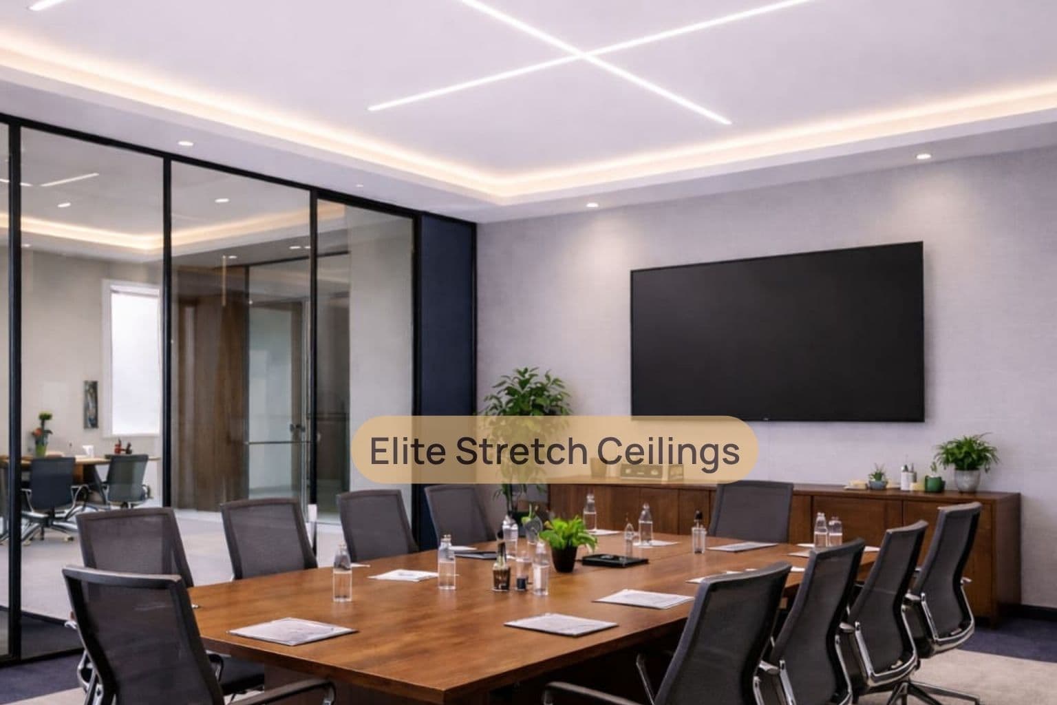 Office seamless stretch ceiling installation for a conference room.