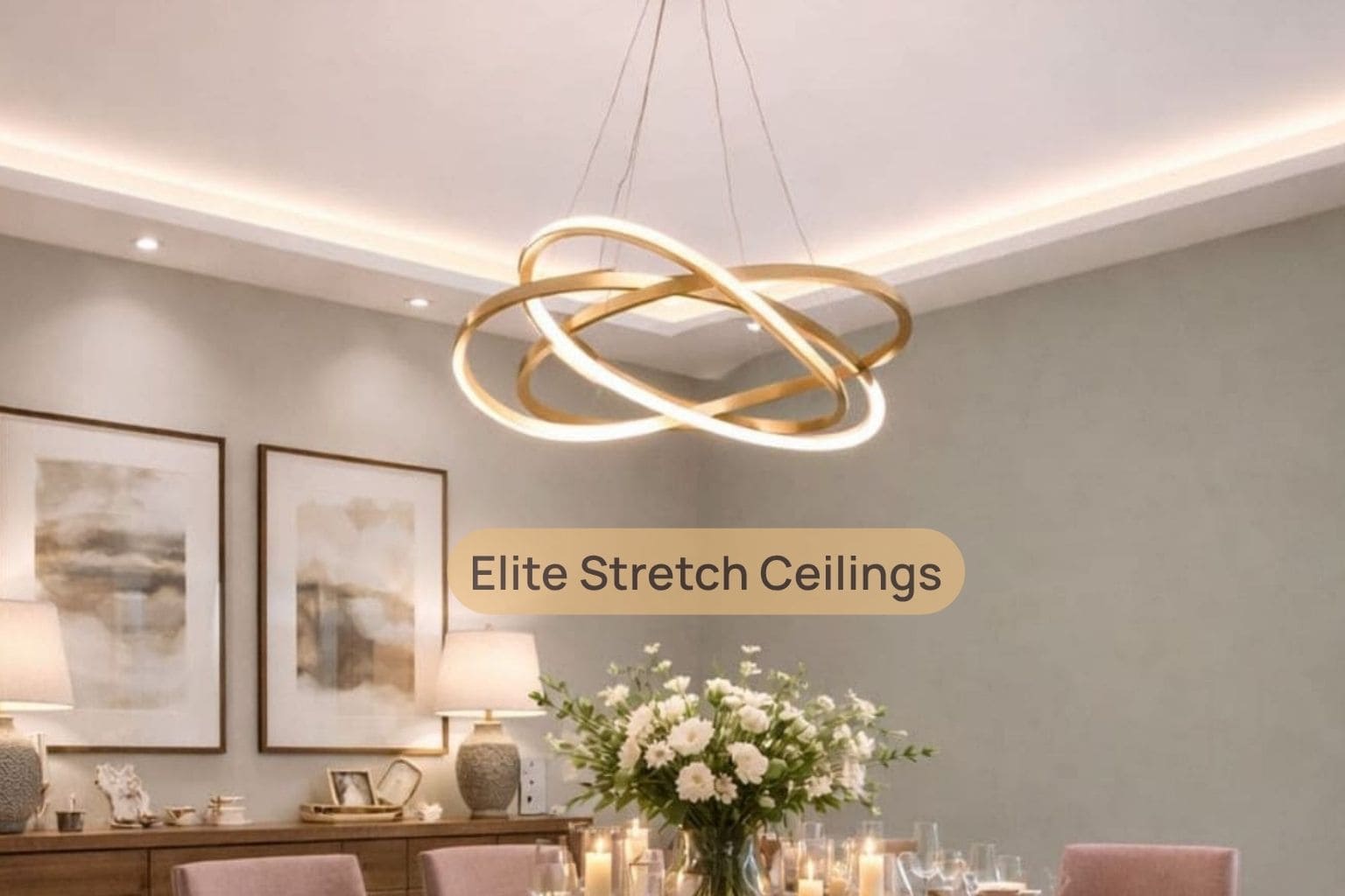 Residential seamless stretch ceiling installation for a dining room.